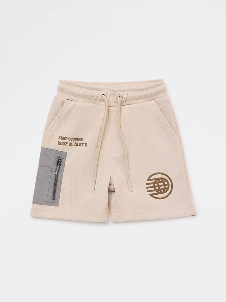 HOP Kids Boys Beige Text Printed Mid-Rise Shorts - Image 3