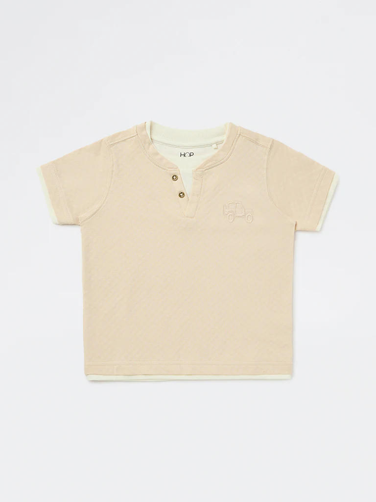 HOP Kids Boys Beige Textured Cotton T-Shirt - Image 4