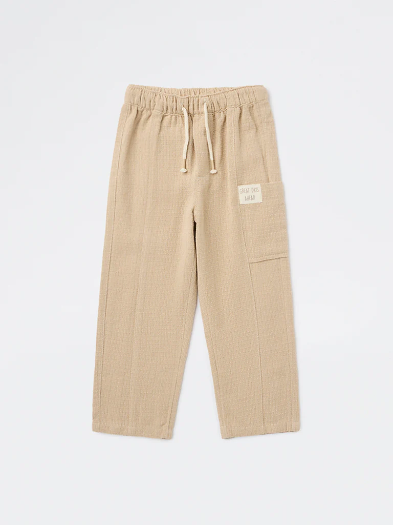 HOP Kids Boys Beige Textured Mid-Rise Cotton Pants - Image 4