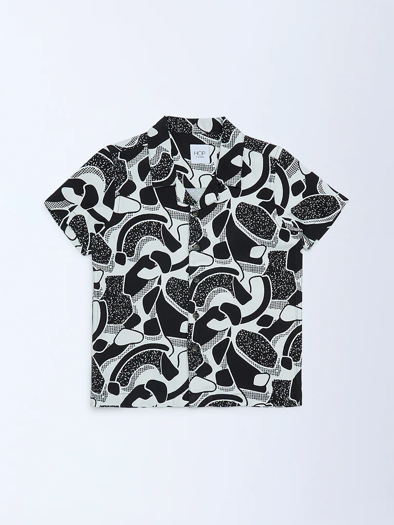 HOP Kids Boys Black and White Abstract Print Resort-Fit Shirt - Image 3