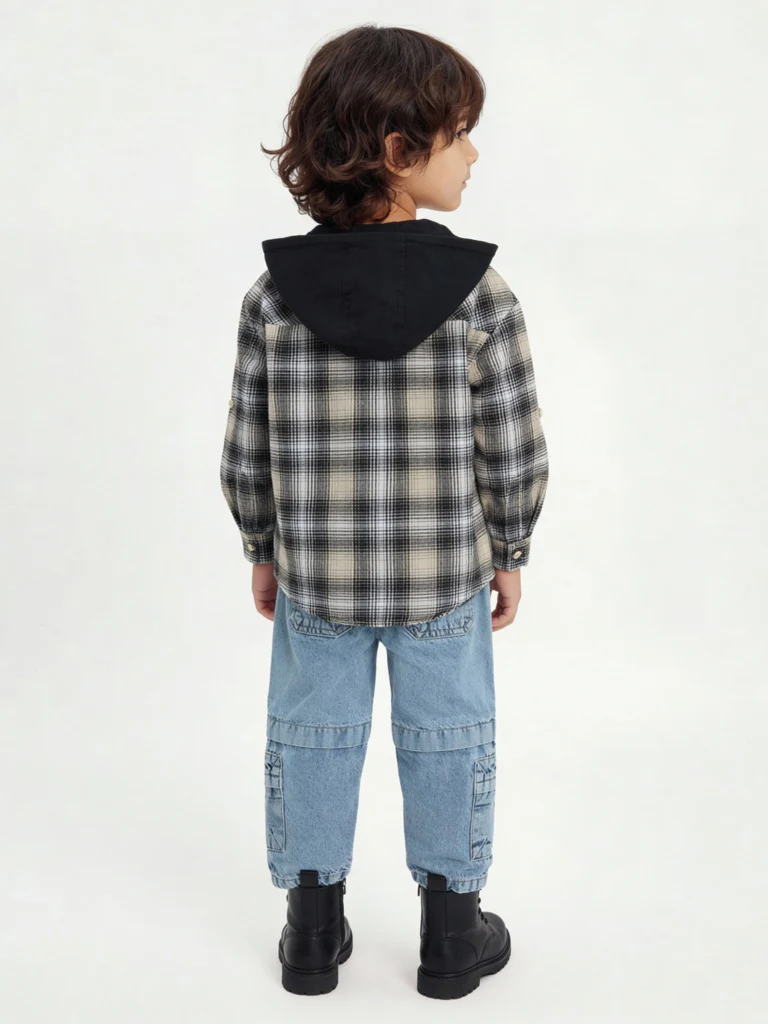 HOP Kids Boys Black Houndstooth Checkered Hooded Cotton Shirt - Image 2