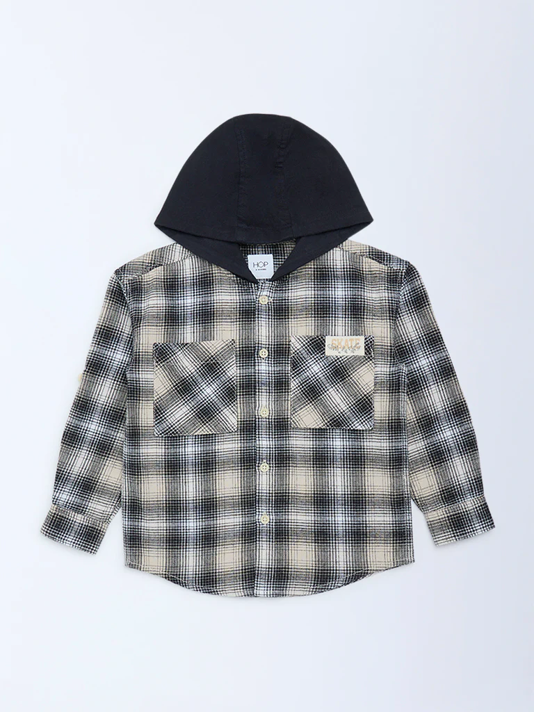 HOP Kids Boys Black Houndstooth Checkered Hooded Cotton Shirt - Image 3