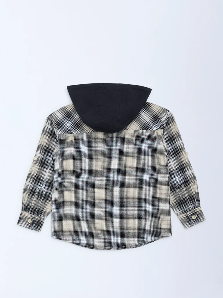HOP Kids Boys Black Houndstooth Checkered Hooded Cotton Shirt - Image 4