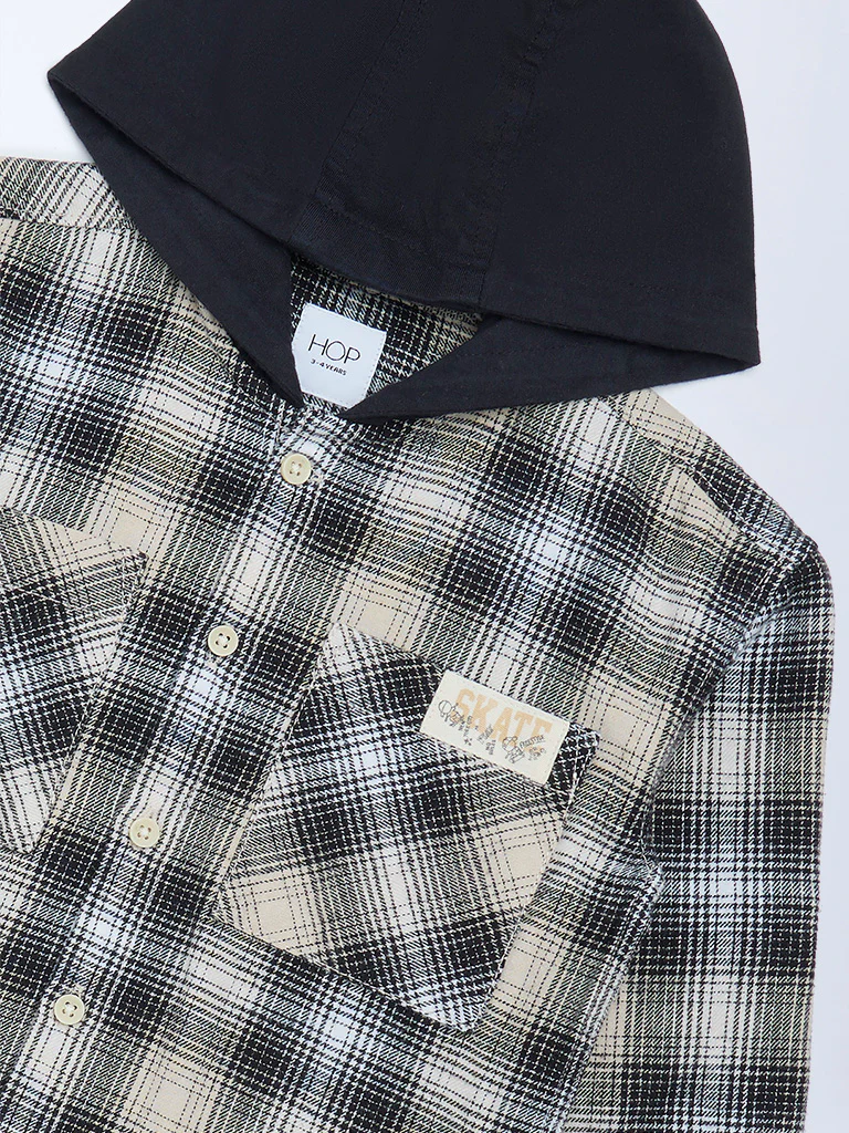 HOP Kids Boys Black Houndstooth Checkered Hooded Cotton Shirt - Image 5