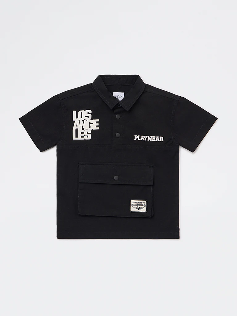 HOP Kids Boys Black Text Printed Cotton Shirt - Image 3