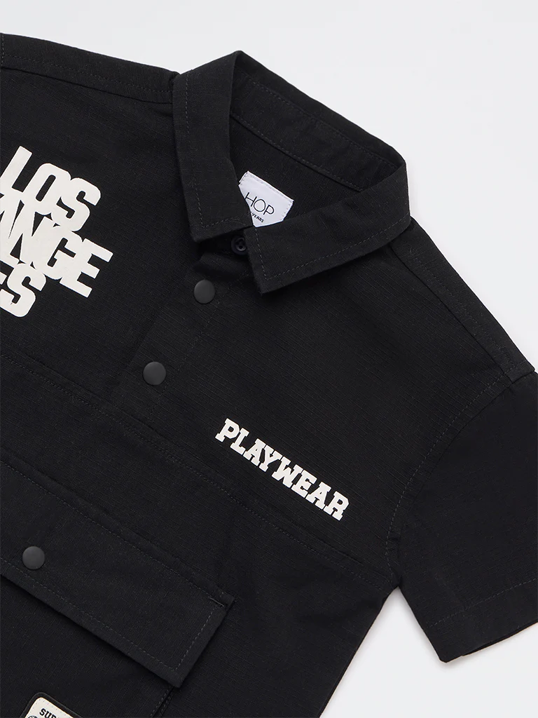 HOP Kids Boys Black Text Printed Cotton Shirt - Image 5