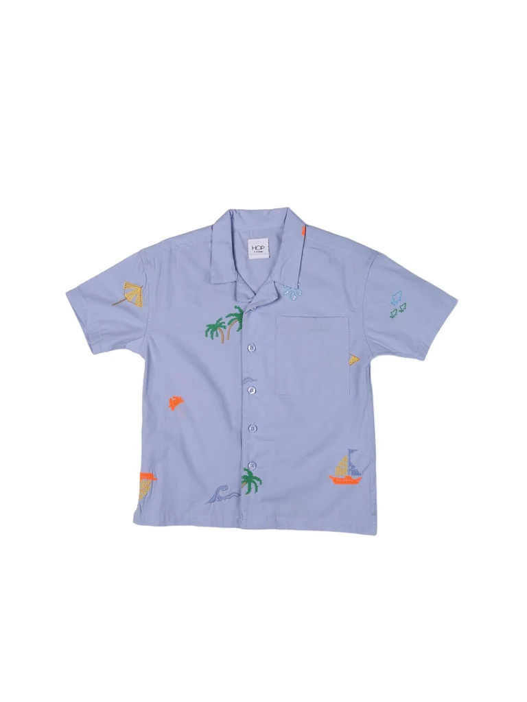 HOP Kids Boys Blue Beach Embroidered Cotton Shirt - Image 3