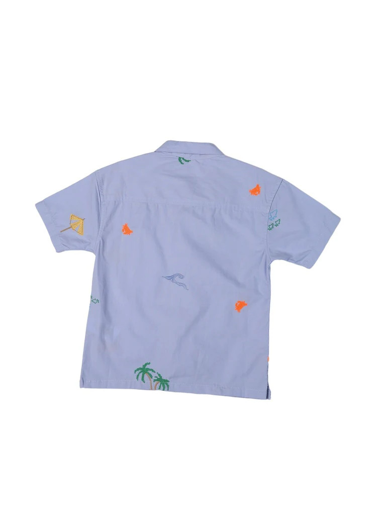 HOP Kids Boys Blue Beach Embroidered Cotton Shirt - Image 4