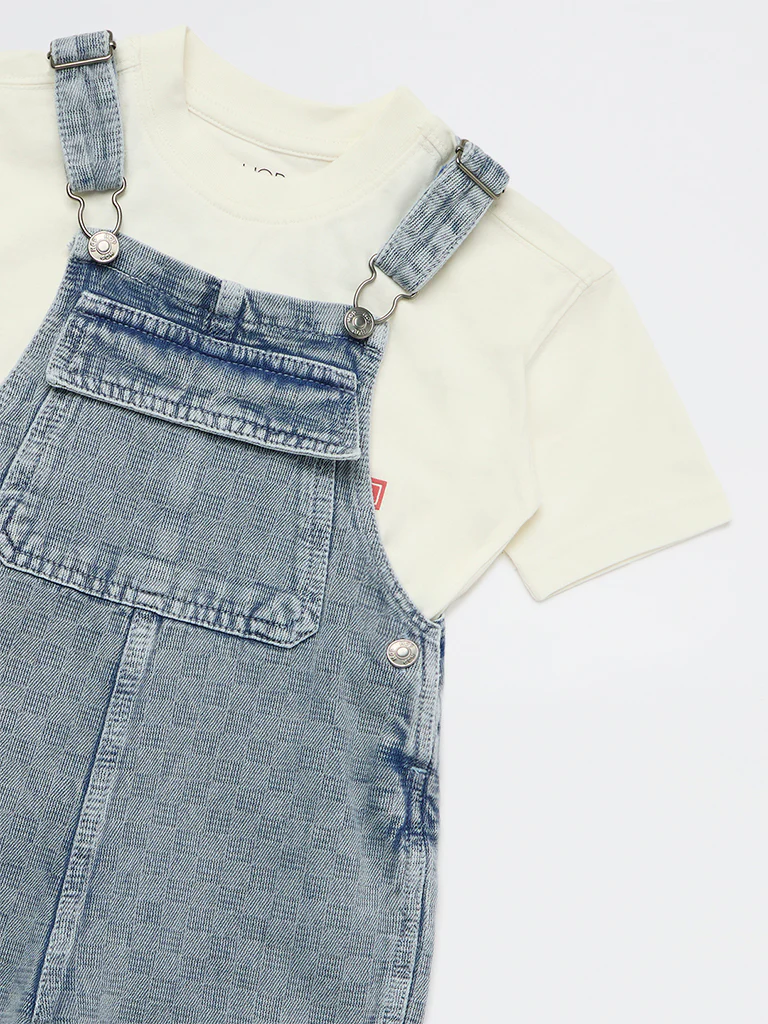 HOP Kids Boys Blue Denim Dungaree with T-Shirt Set - Image 5