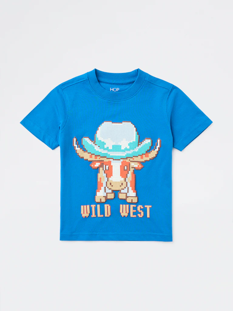 HOP Kids Boys Blue Embossed Cotton T-Shirt - Image 3