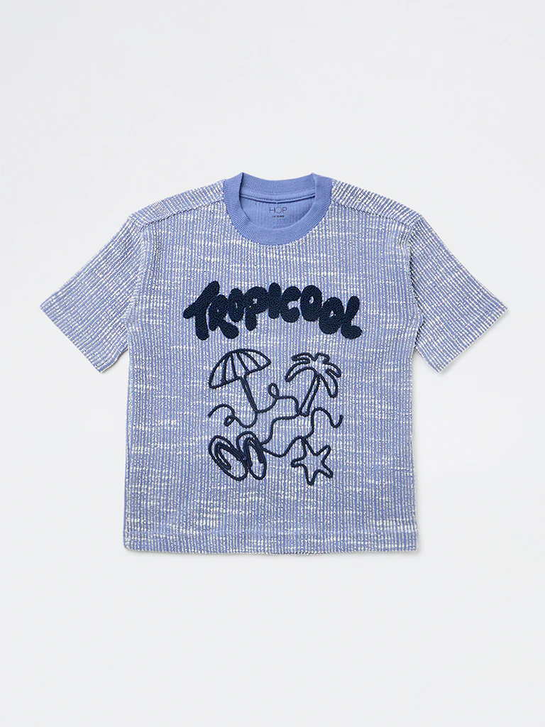 HOP Kids Boys Blue Embroidered Cotton T-Shirt - Image 3