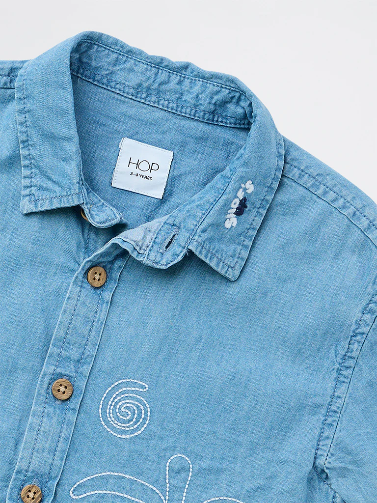 HOP Kids Boys Blue Embroidered Denim Shirt - Image 5