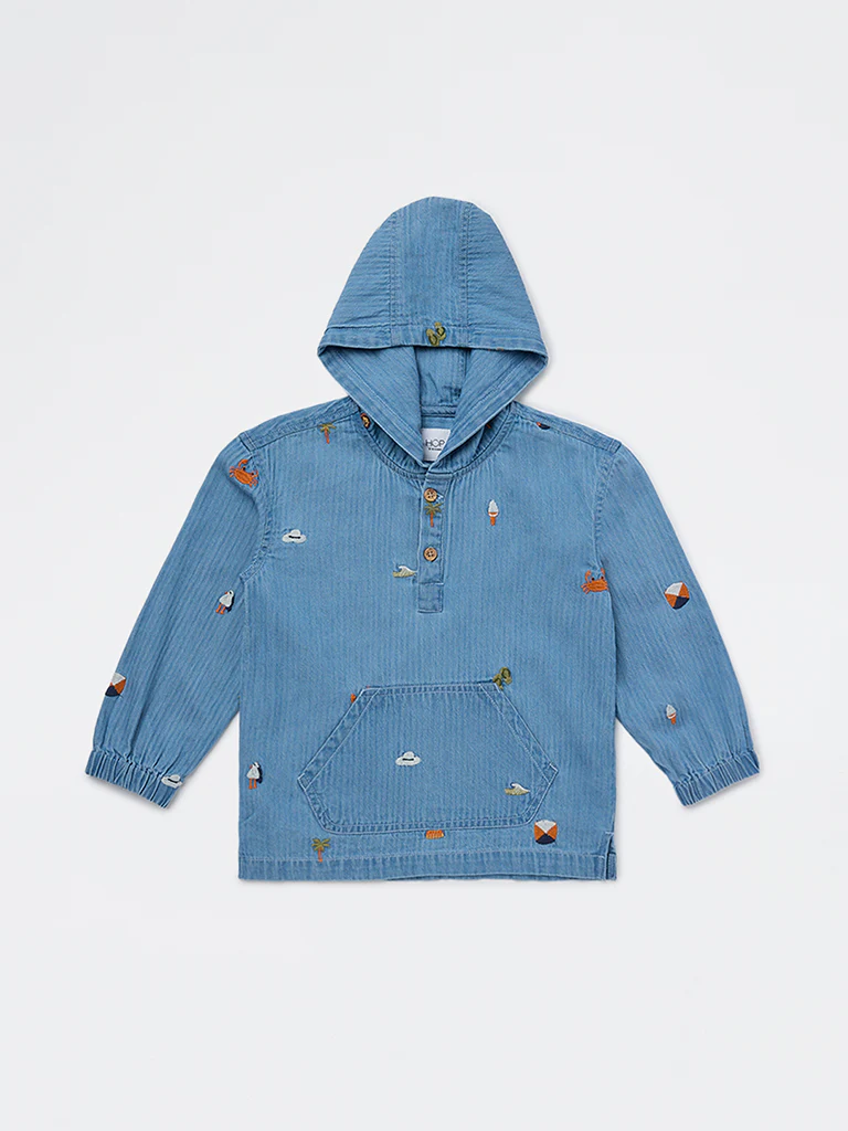 HOP Kids Boys Blue Embroidered Hooded Denim Shirt - Image 3
