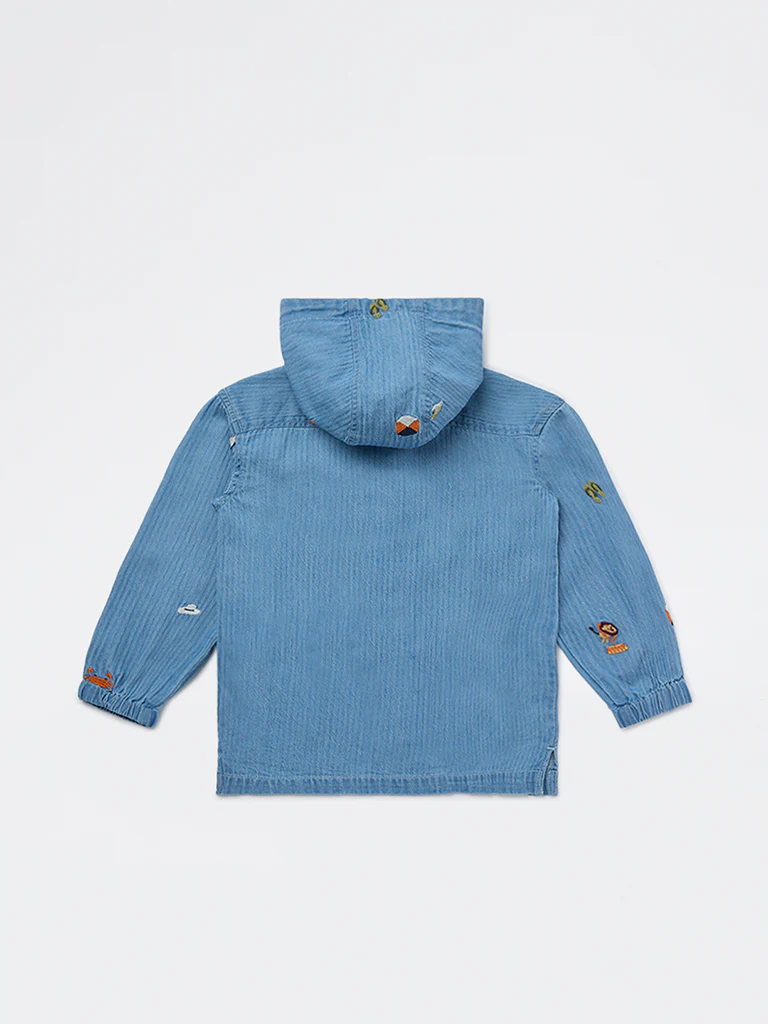 HOP Kids Boys Blue Embroidered Hooded Denim Shirt - Image 4