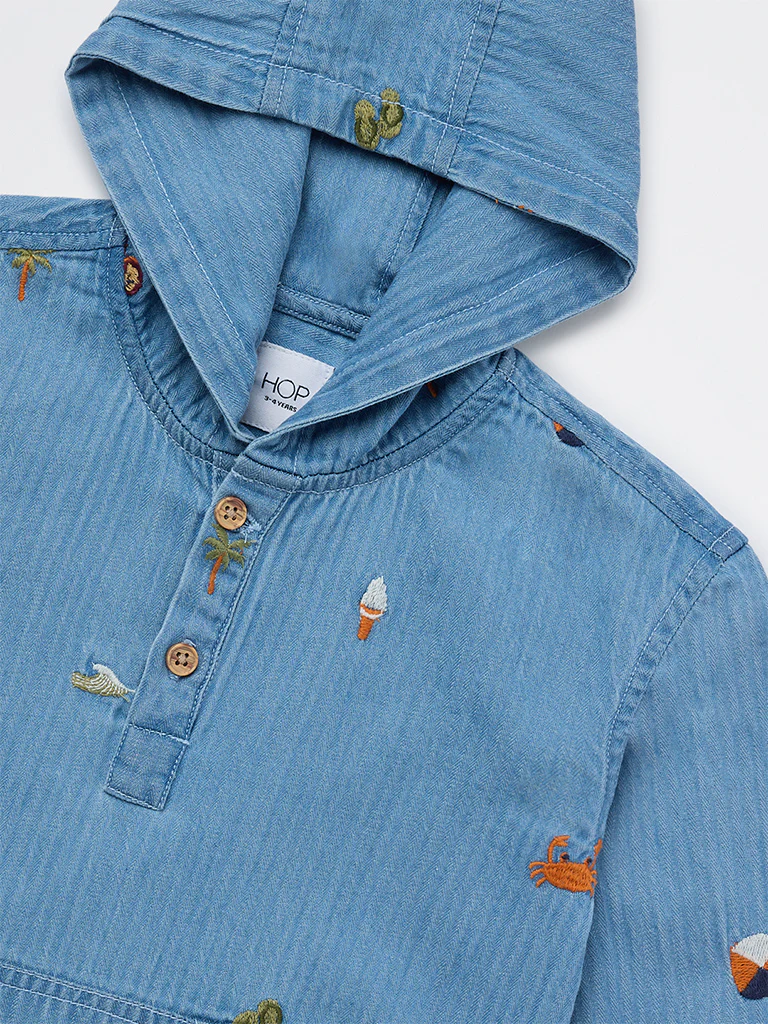 HOP Kids Boys Blue Embroidered Hooded Denim Shirt - Image 5
