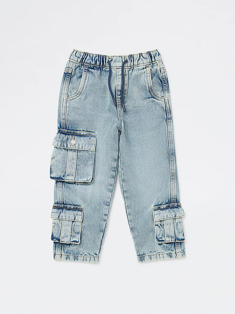 HOP Kids Boys Blue Faded Mid-Rise Cargo Jeans - Image 4