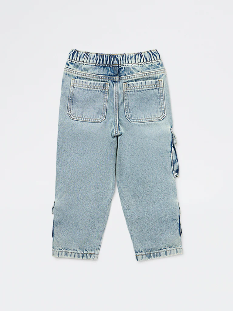 HOP Kids Boys Blue Faded Mid-Rise Cargo Jeans - Image 5
