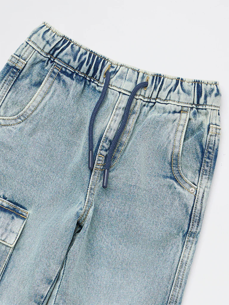 HOP Kids Boys Blue Faded Mid-Rise Cargo Jeans - Image 6