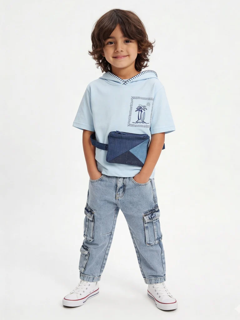 HOP Kids Boys Blue Pouch-Detailed Hooded Cotton T-Shirt