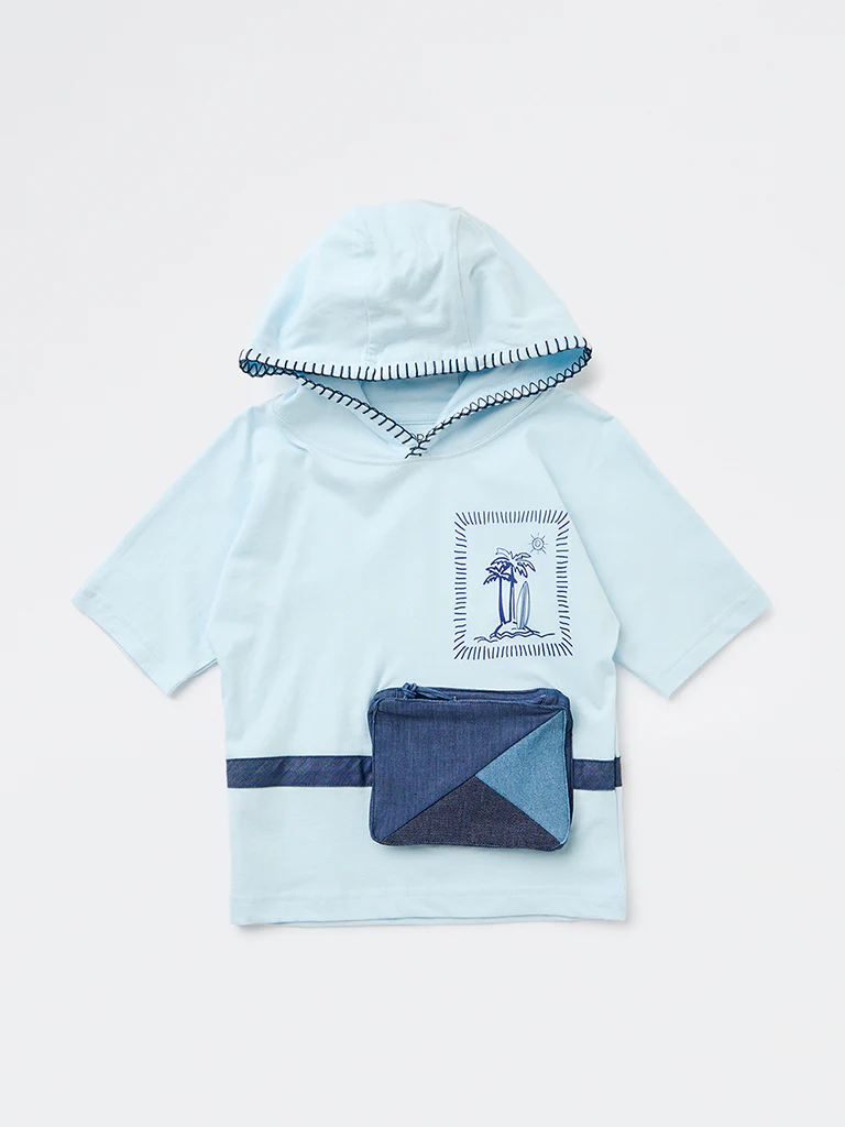 HOP Kids Boys Blue Pouch-Detailed Hooded Cotton T-Shirt - Image 3