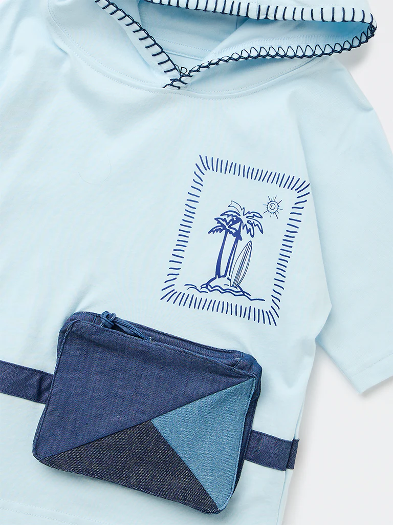HOP Kids Boys Blue Pouch-Detailed Hooded Cotton T-Shirt - Image 5