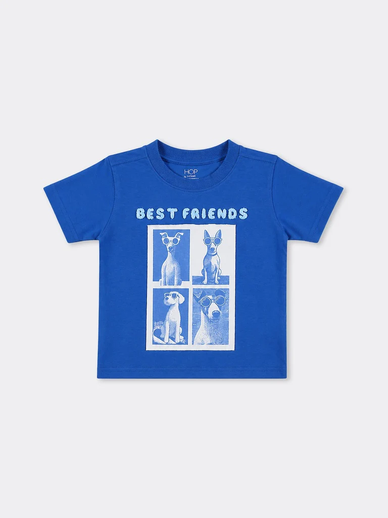 HOP Kids Boys Blue Printed Cotton T-Shirt - Image 3
