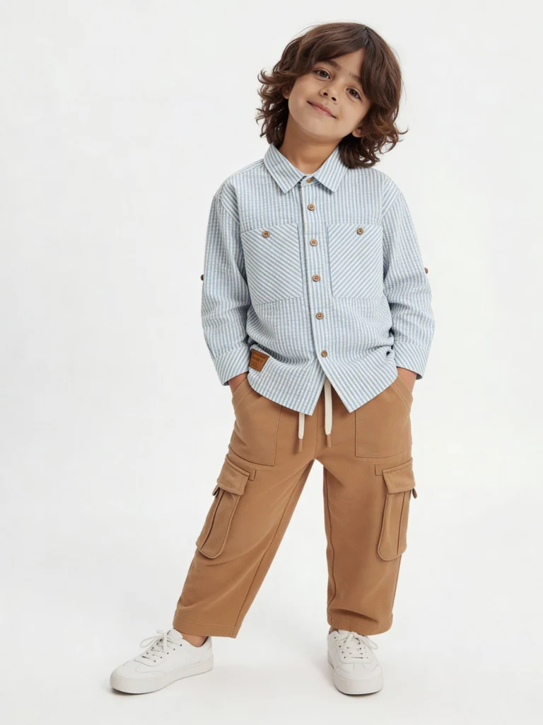 HOP Kids Boys Blue Seersucker Striped Cotton Shirt