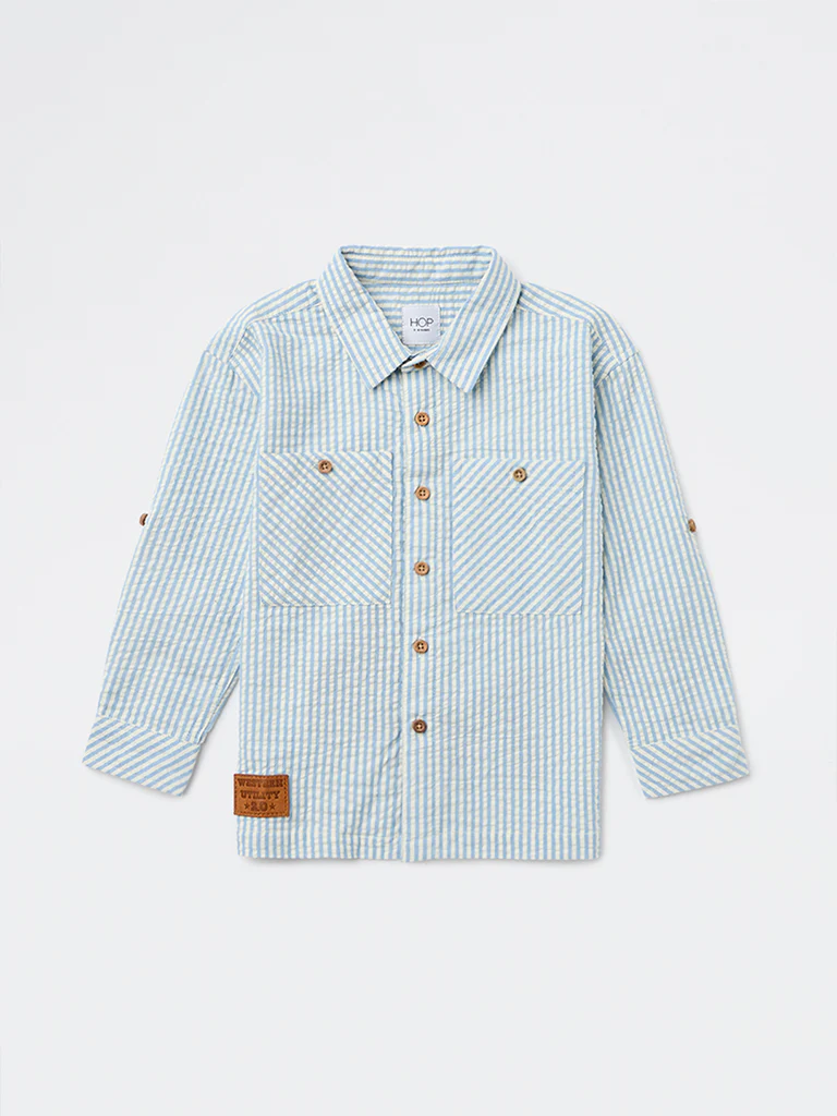 HOP Kids Boys Blue Seersucker Striped Cotton Shirt - Image 4