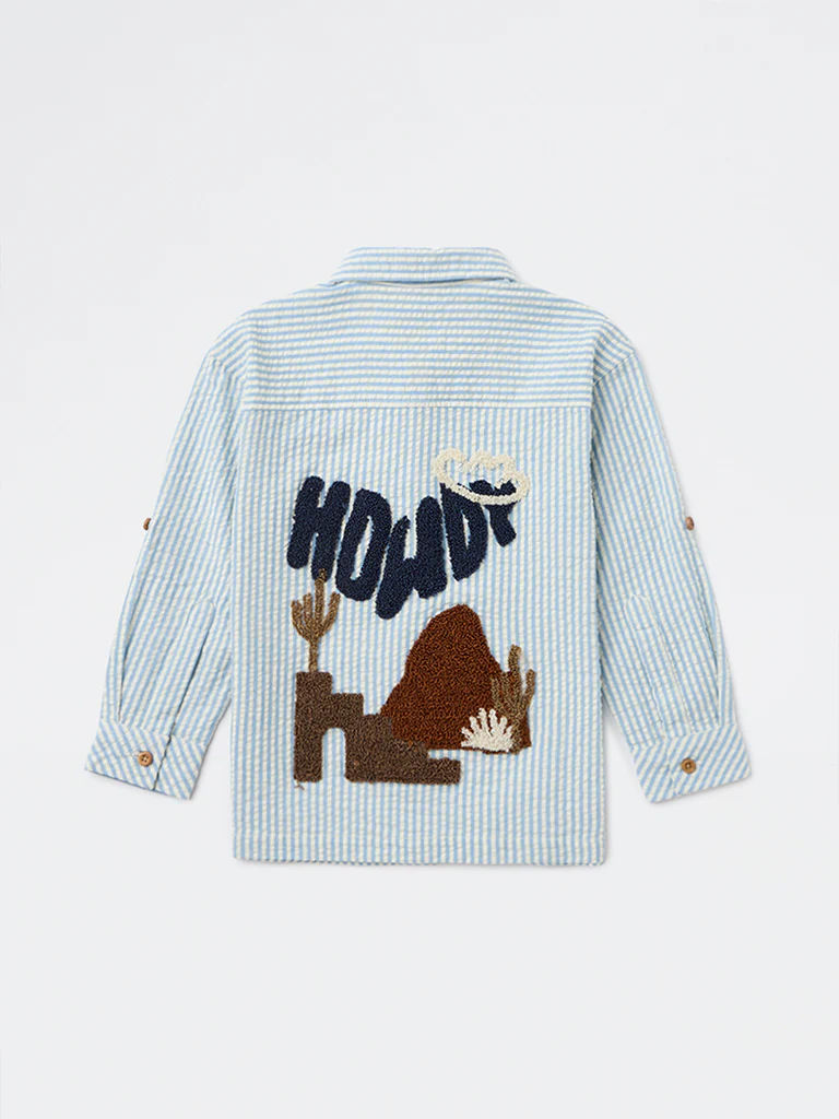 HOP Kids Boys Blue Seersucker Striped Cotton Shirt - Image 5