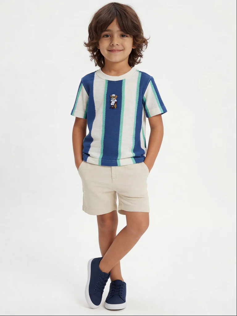 HOP Kids Boys Blue Striped Cotton-Blend T-Shirt