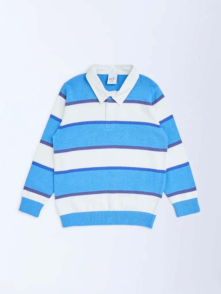 HOP Kids Boys Blue Striped Cotton Polo Sweater - Image 2