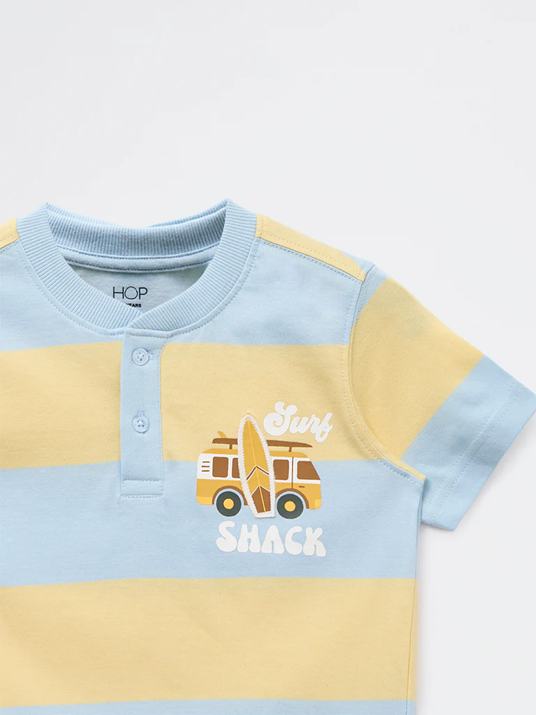 HOP Kids Boys Blue Striped Cotton T-Shirt - Image 3