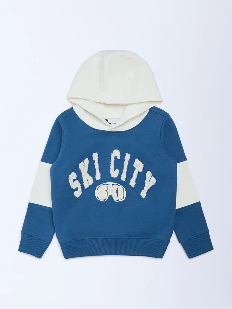 HOP Kids Boys Blue Text Design Hooded Cotton-Blend Sweatshirt - Image 4