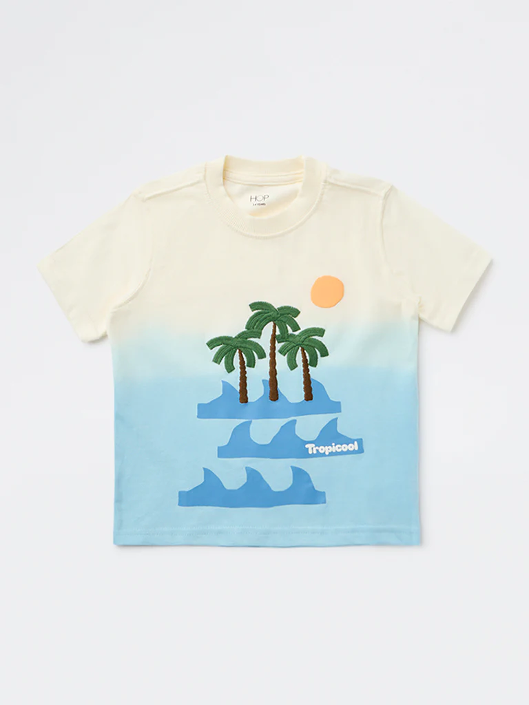 HOP Kids Boys Blue Tropical Printed Cotton T-Shirt - Image 4