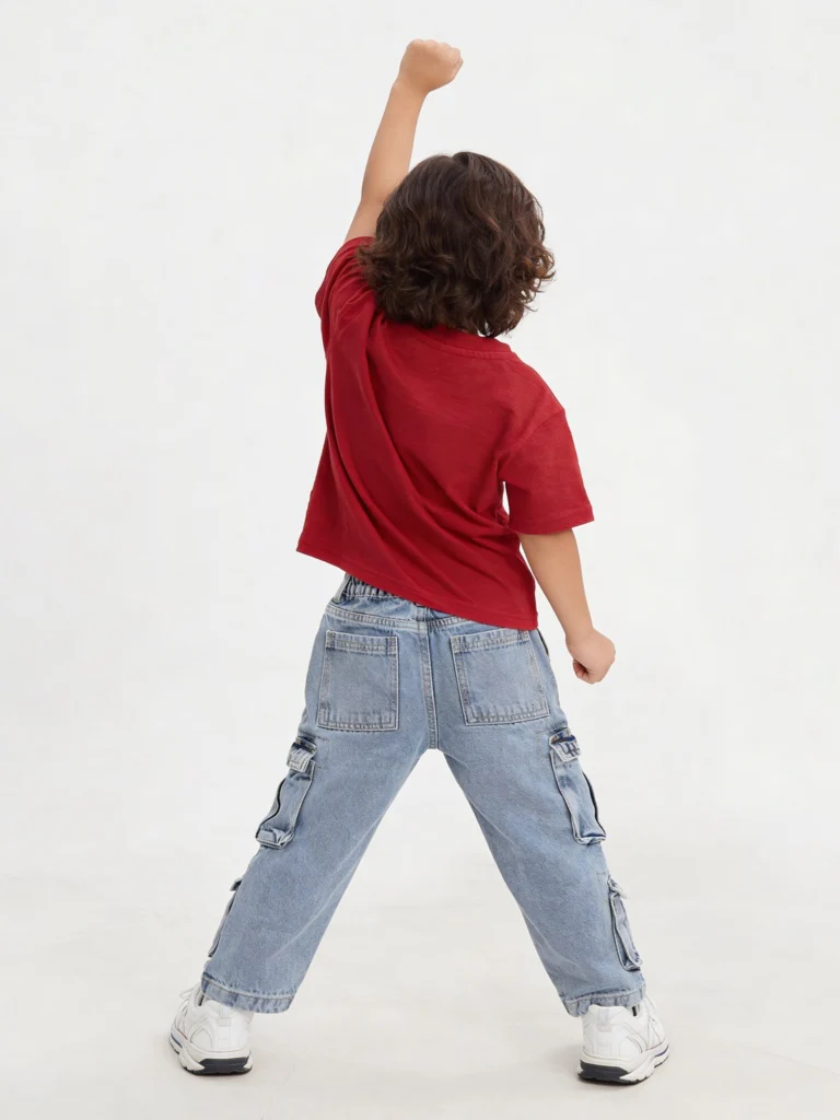 HOP Kids Boys Blue Washed Relaxed-Fit Mid-Rise Cargo Jeans - Image 2