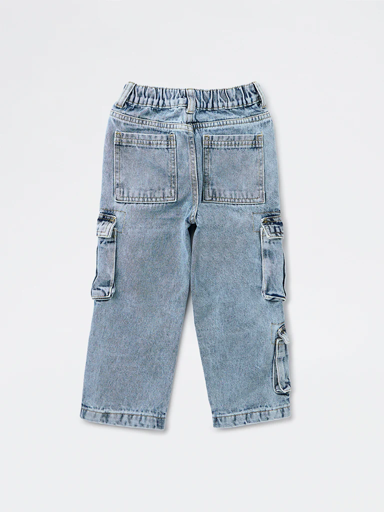 HOP Kids Boys Blue Washed Relaxed-Fit Mid-Rise Cargo Jeans - Image 4