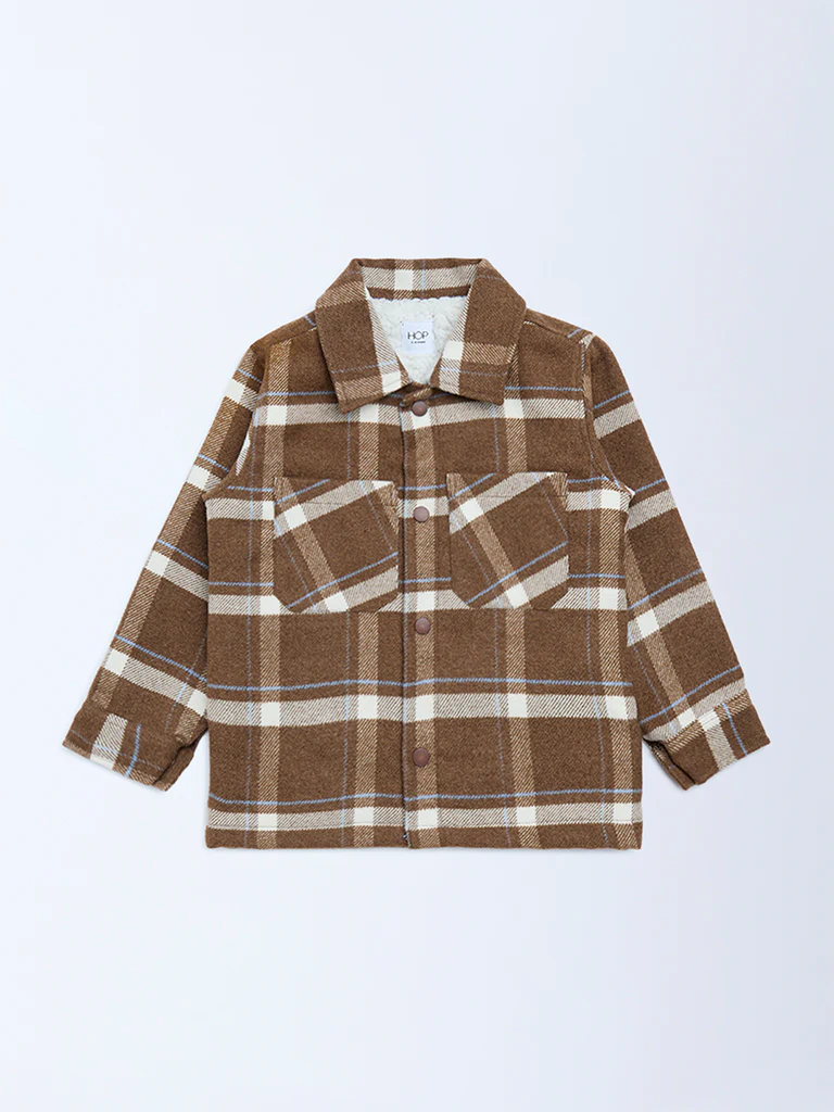 HOP Kids Boys Brown Checked Design Cotton Shacket - Image 3