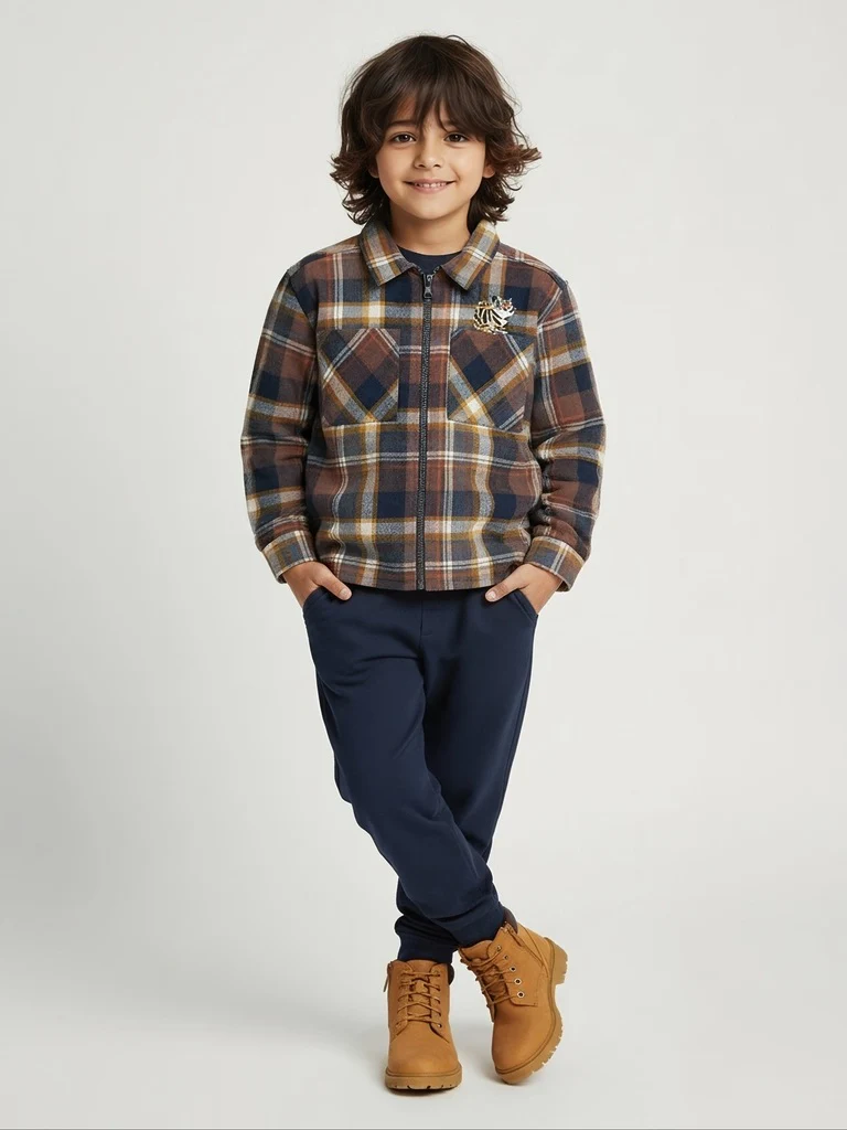 HOP Kids Boys Brown Checkered Cotton Shirt