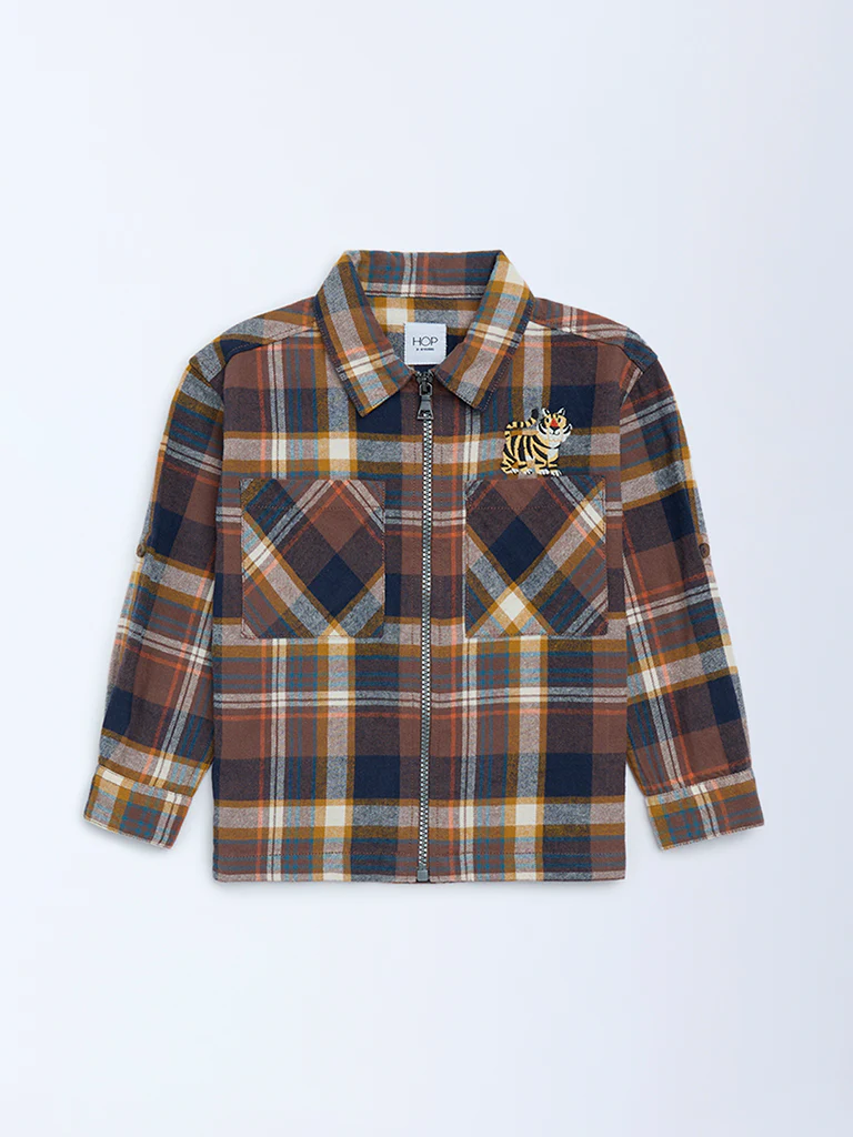 HOP Kids Boys Brown Checkered Cotton Shirt - Image 3