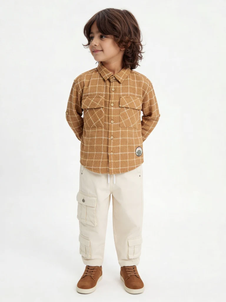 HOP Kids Boys Brown Checks Design Cotton Shirt
