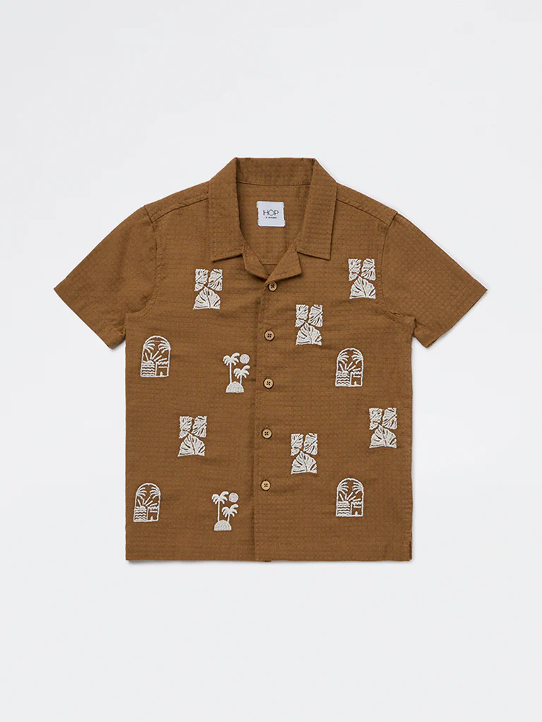 HOP Kids Boys Brown Embroidered Cotton Shirt - Image 3