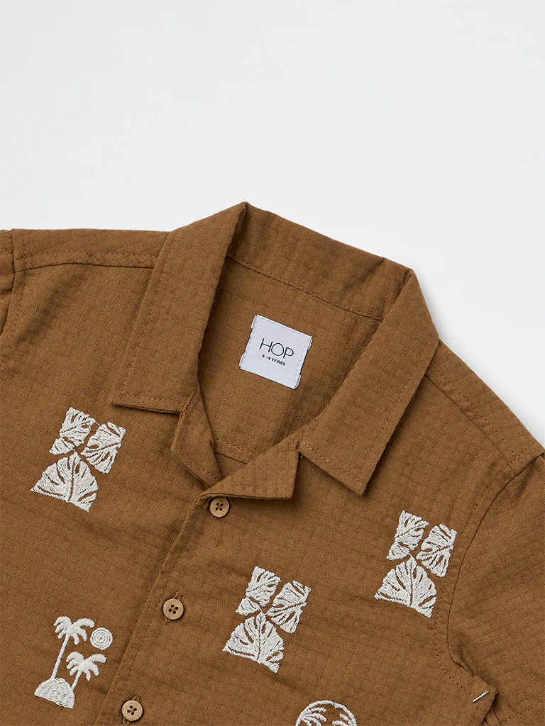 HOP Kids Boys Brown Embroidered Cotton Shirt - Image 5