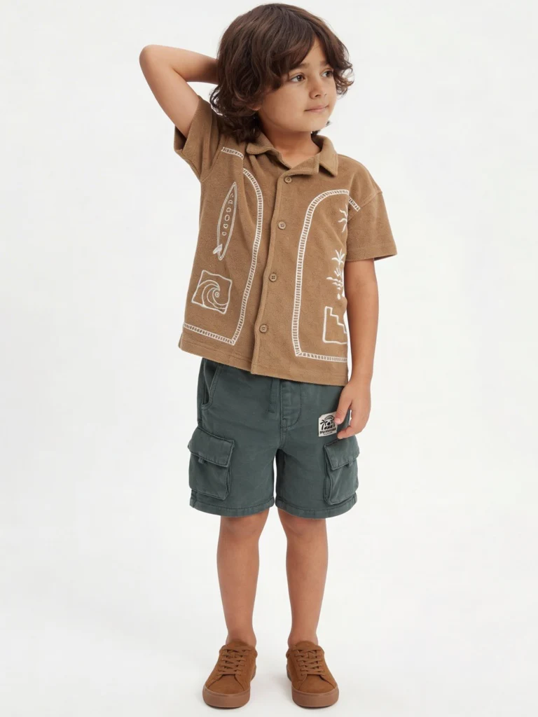 HOP Kids Boys Brown Embroidered Resort-Fit Cotton Shirt