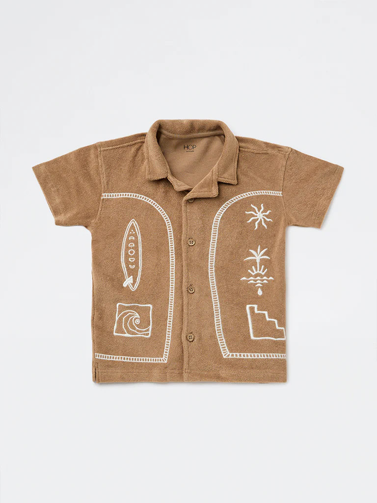 HOP Kids Boys Brown Embroidered Resort-Fit Cotton Shirt - Image 4