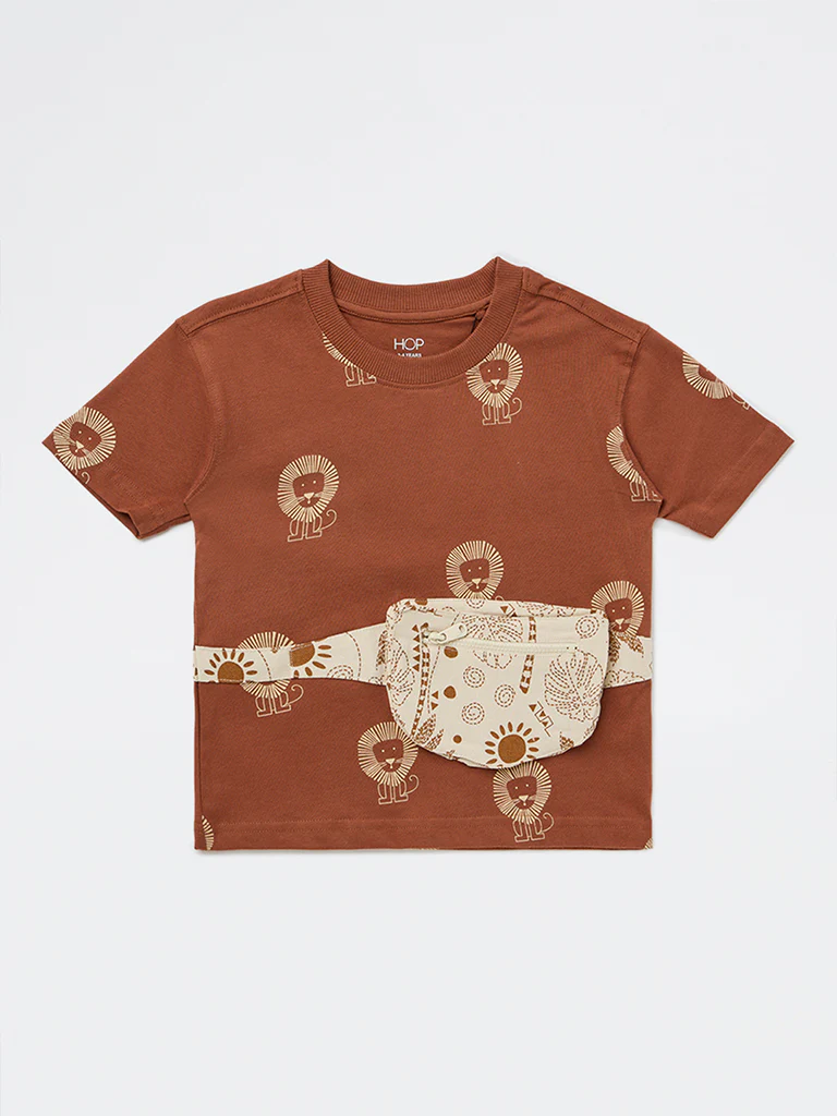 HOP Kids Boys Brown Graphic Printed Cotton T-Shirt - Image 4