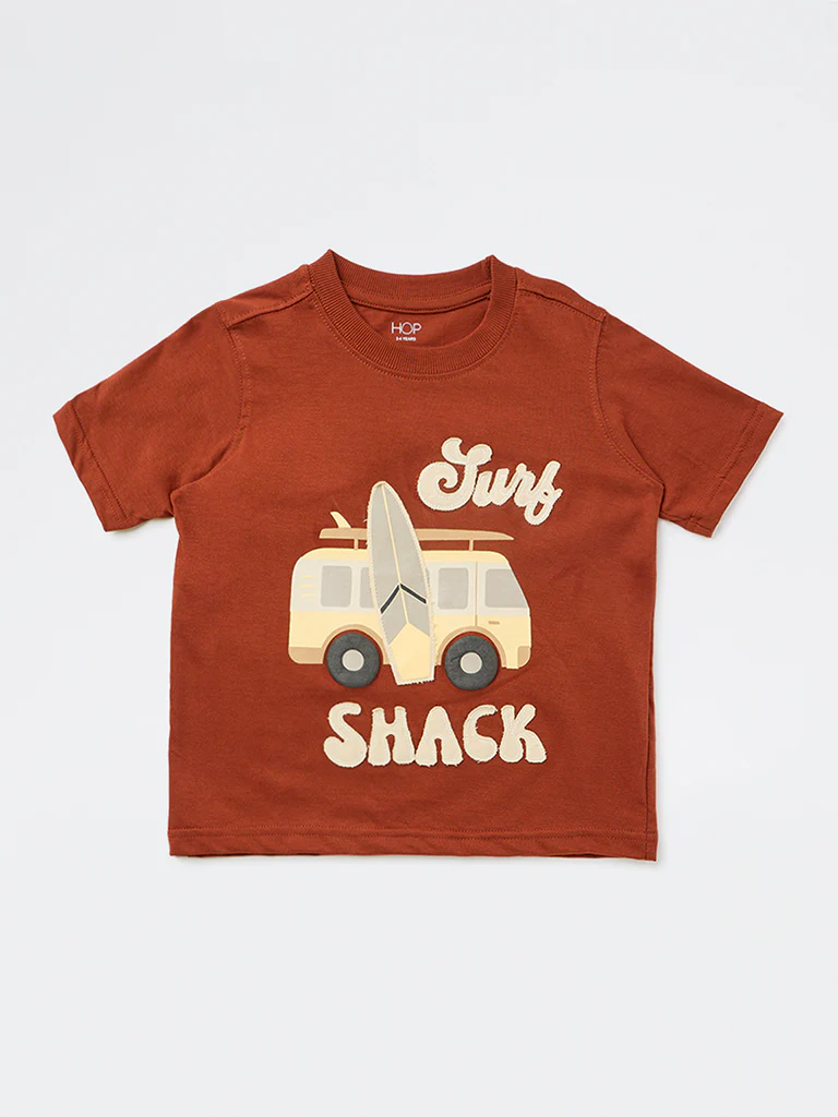 HOP Kids Boys Brown Printed Cotton T-Shirt - Image 3