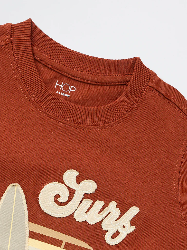 HOP Kids Boys Brown Printed Cotton T-Shirt - Image 5