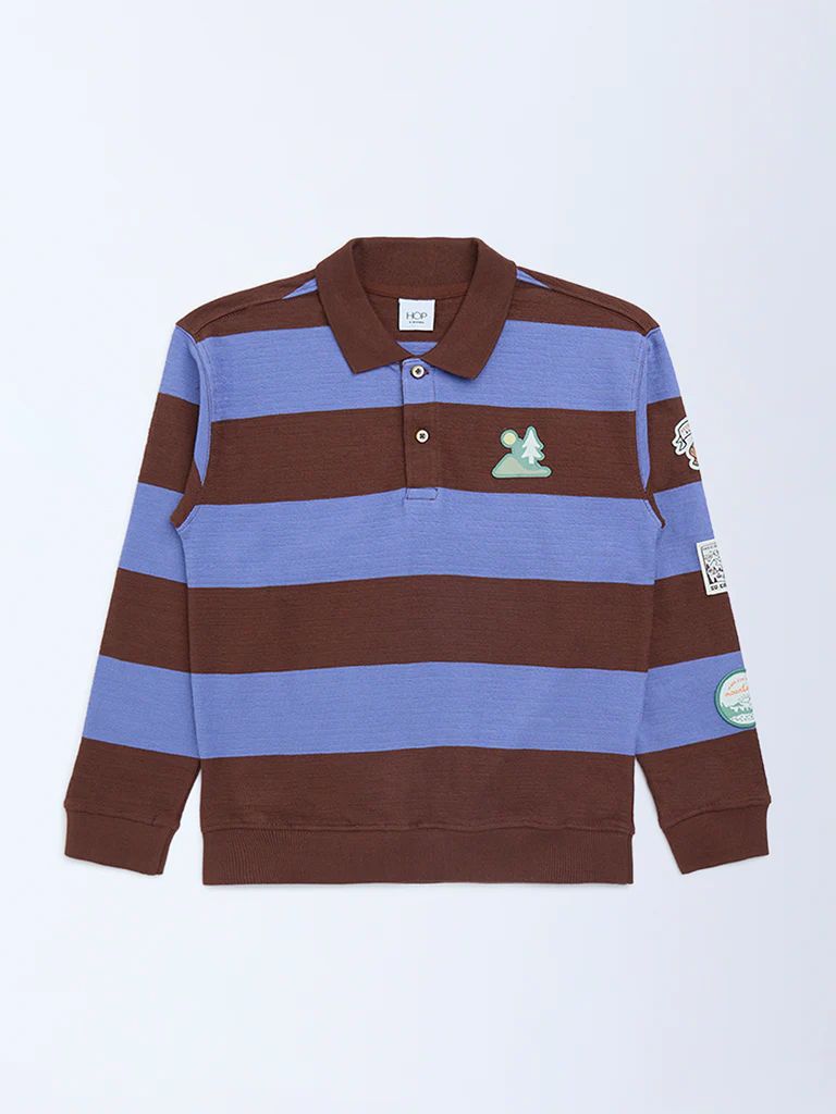 HOP Kids Boys Brown Striped Cotton Polo T-Shirt - Image 3