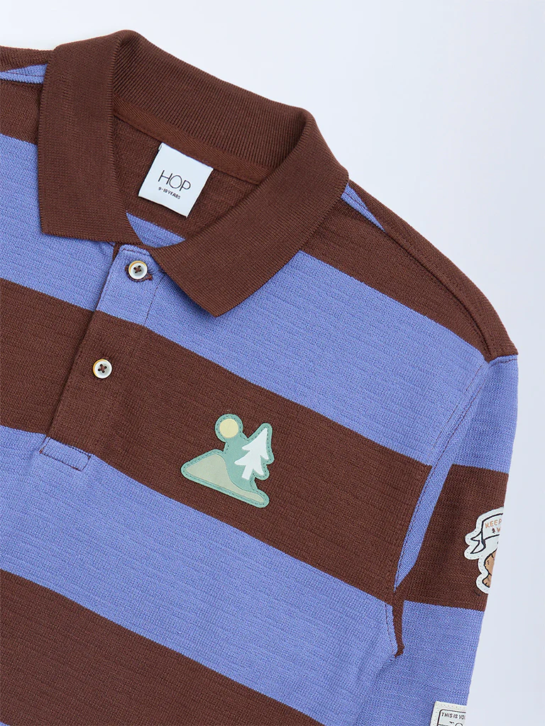 HOP Kids Boys Brown Striped Cotton Polo T-Shirt - Image 5