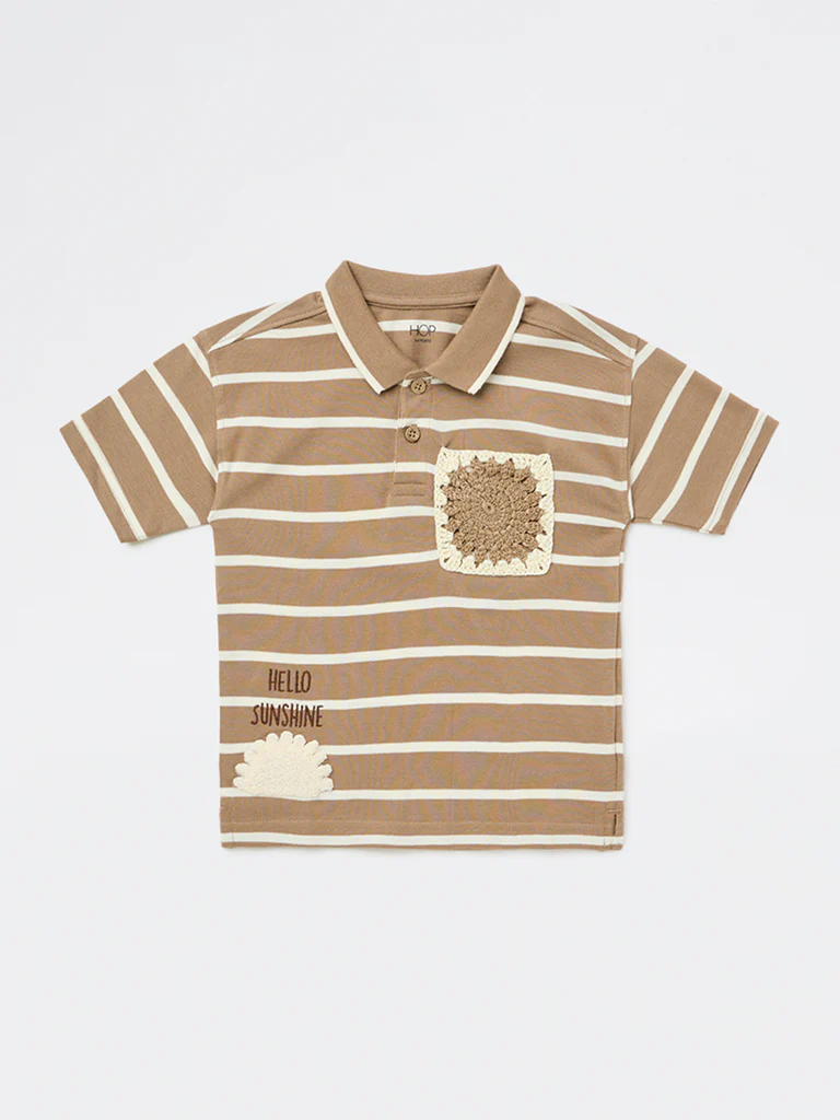 HOP Kids Boys Brown Striped Cotton Polo T-Shirt - Image 4
